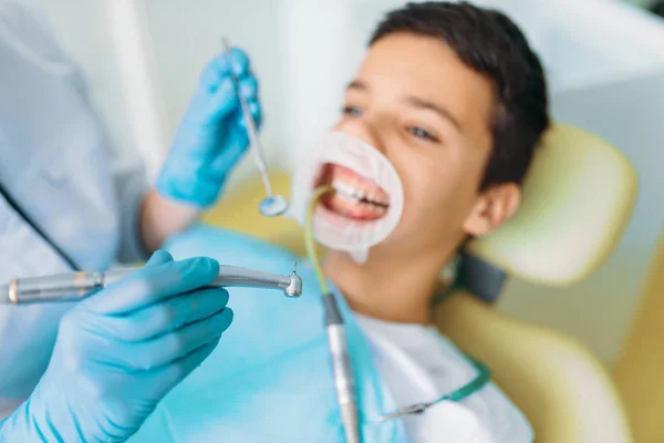 Seal Installation Process Pediatric Dentistry Children Stomatology Female Dentist Works — Stock Photo, Image