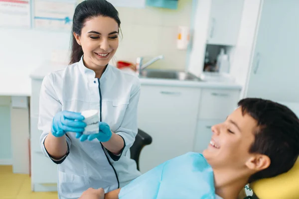 Vrouwelijk Tandarts Toont Kunstgebit Aan Kleine Jongen Een Tandheelkundige Stoel — Stockfoto