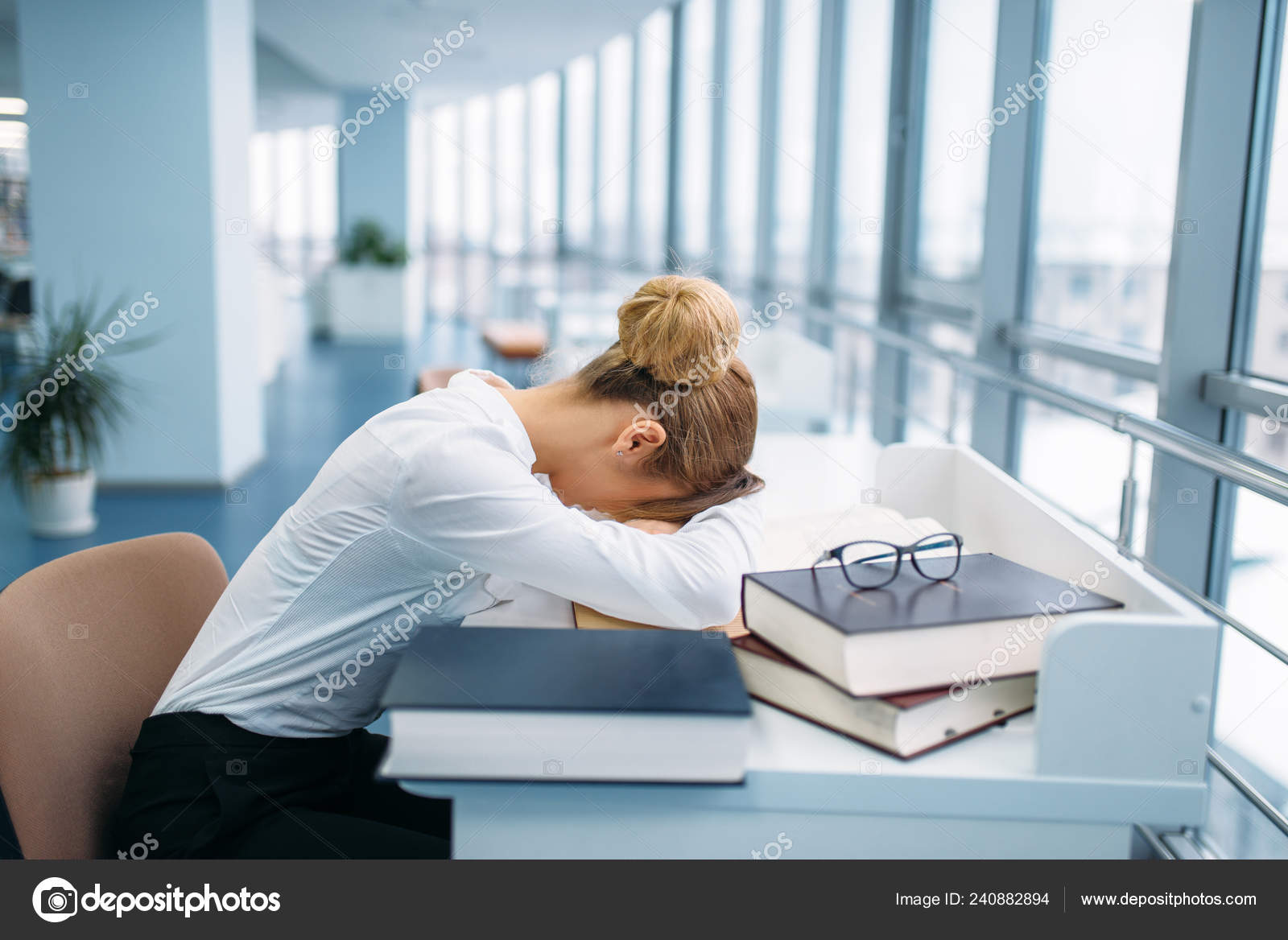 Female Person Sleeping Table Library Young Woman Reading Room