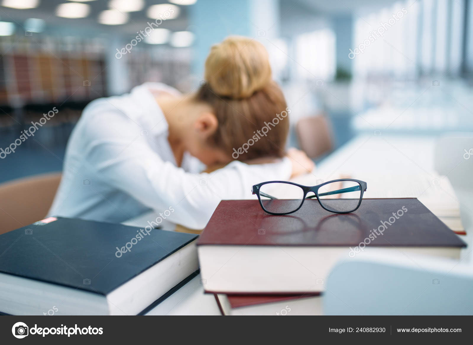 Female Person Sleeping Table Library Young Woman Reading Room