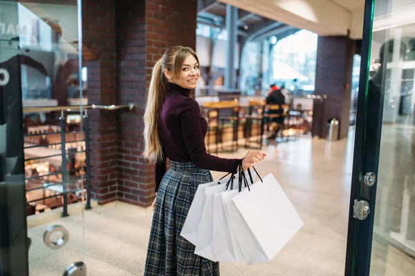 Young Woman Shopping Bags Mall Shopaholic Clothing Store Consumerism Lifestyle — Stock Photo, Image