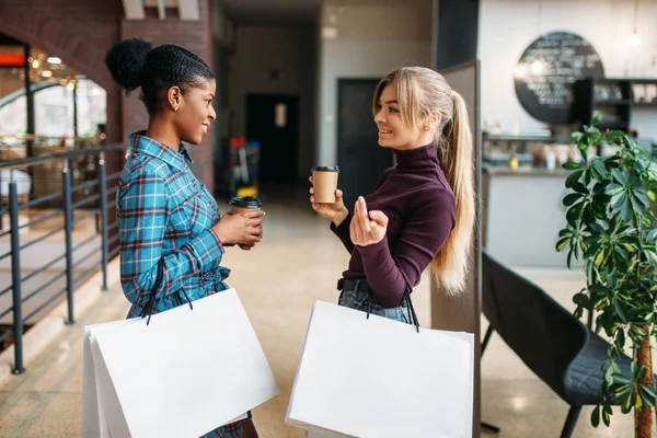 Happy Female Customers Shopping Bags Mall Shopaholics Clothing Store Purchasing — Stock Photo, Image