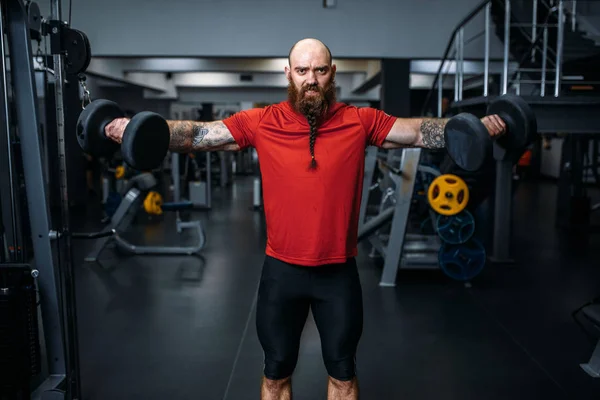 Fort Haltérophile Masculin Faisant Exercice Avec Des Haltères Dans Salle — Photo