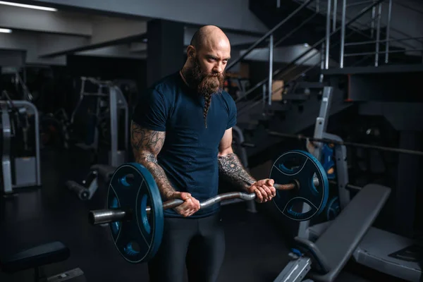 Atleta Muscular Sportswear Fazendo Exercício Com Barra Treinando Ginásio Homem — Fotografia de Stock