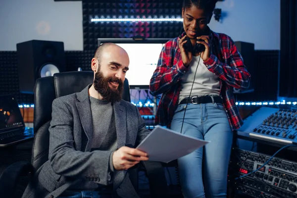 Male Sound Producer Female Singer Headphones Listens Composition Recording Studio — Stock Photo, Image