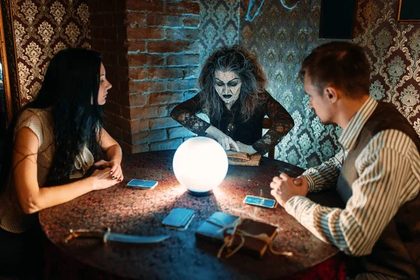 Female Foreteller Calls Spirits Witchcraft Scary Witch Reads Magic Spell — Stock Photo, Image