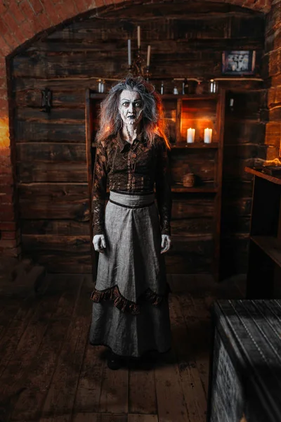 Scary Witch Stands Her Lair Spiritual Seance Female Foreteller Calls — Stock Photo, Image