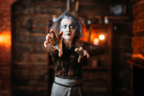 Scary Witch Hands Out Front View Spiritual Seance Female Foreteller — Stock Photo, Image