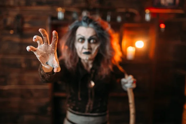 Scary Witch Hands Out Front View Spiritual Seance Female Foreteller — Stock Photo, Image