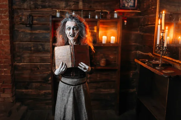 Scary Witch Holds Spellbook Dark Powers Witchcraft Spiritual Seance Female — Stock Photo, Image