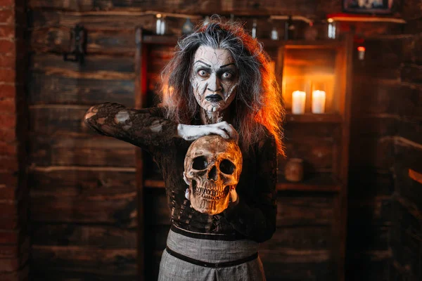 Scary Witch Reads Spell Ritual Human Skull Dark Powers Witchcraft — Stock Photo, Image