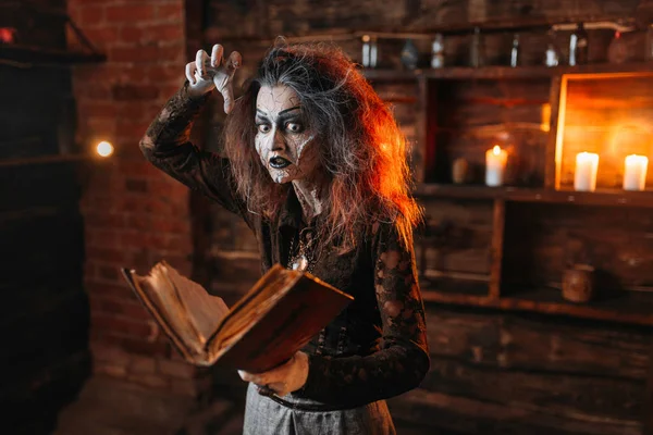 Scary Witch Holds Spellbook Dark Powers Witchcraft Spiritual Seance Female — Stock Photo, Image