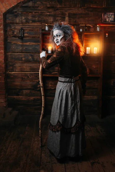 Bruxa Assustadora Com Caneiro Covil Vista Para Trás Uma Sessão — Fotografia de Stock