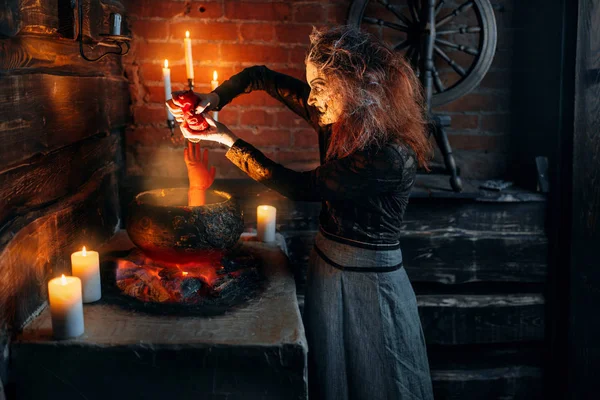 Scary Witch Cooking Soup Human Body Parts Dark Powers Witchcraft — Stock Photo, Image