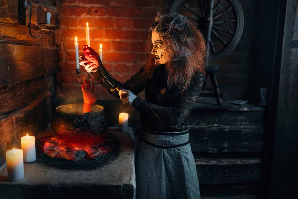 Scary Witch Cooking Soup Human Body Parts Dark Powers Witchcraft — Stock Photo, Image