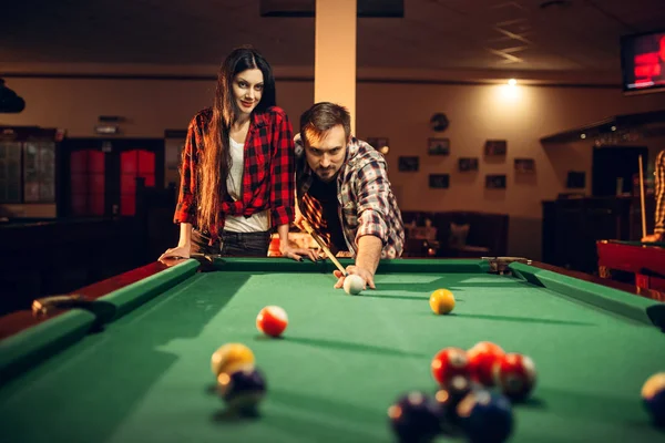 Family Couple Plays Billiard Room Man Woman Leisures American Pool — Stock Photo, Image