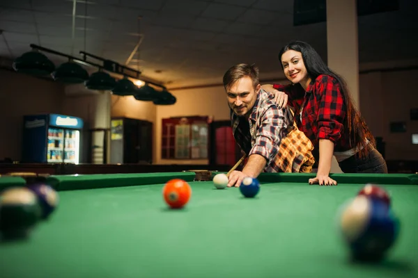 Family Couple Plays Billiard Room Man Woman Leisures American Pool — Stock Photo, Image