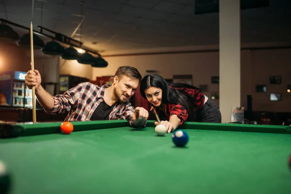 Family Couple Plays Billiard Room Man Woman Leisures American Pool — Stock Photo, Image