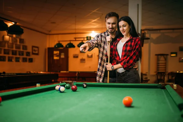 Male Female Billiard Players Cue Table Colorful Balls Man Woman — Stock Photo, Image