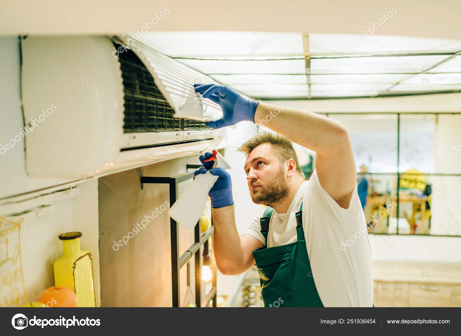Repairman Uniform Cleans Air Conditioner Handyman Professional Worker