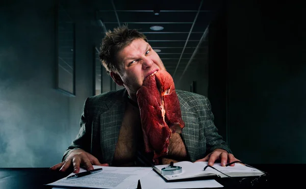 Crazy Businessman Piece Raw Meat His Mouth Stacks Paper Office — Stock Photo, Image