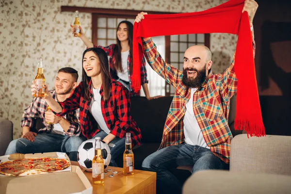 Friends Wathing Broadcast Home Football Fans Group People Cheer Favorite — Stock Photo, Image