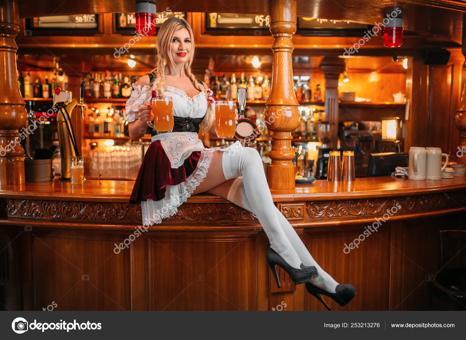 Sexy Waitress Retro Uniform Holds Two Mugs Fresh Beer Sits.