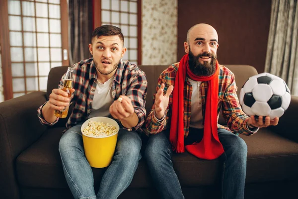 Two Male Football Fans Wathing Broadcast Home Friends Beer Popcorn — Stock Photo, Image