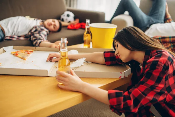 Football Fans Sleeping Home Hangover Morning Drunk Friends Celebration Victory — Stock Photo, Image