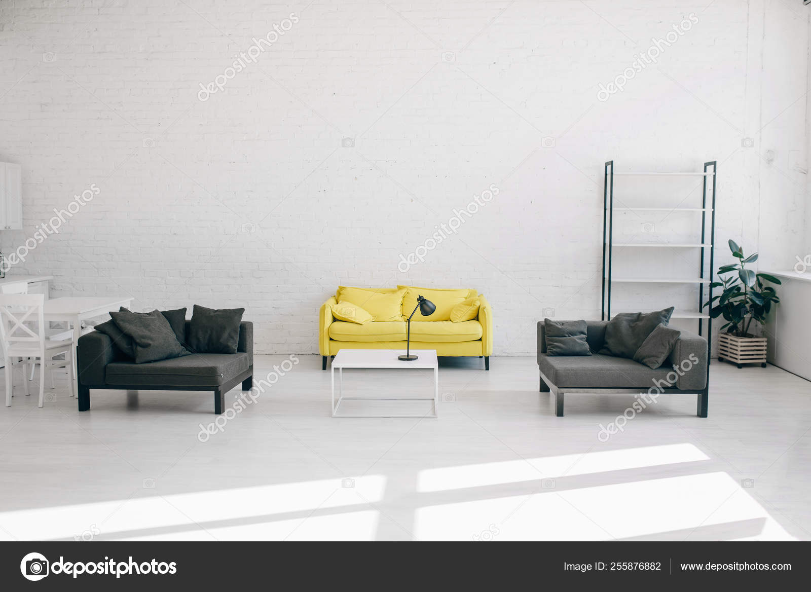 Modern Living Room Interior White Black Yellow Tones Nobody Cozy