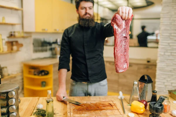 Man Holds Piece Fresh Raw Meat Kitchen Interior Background Chef — Stock Photo, Image