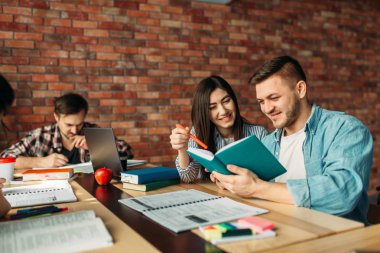 Üniversite öğrencileri birlikte ders kitabı okuyorlar. Kitap ile insanlar sınavlar, ortak proje için hazırlar