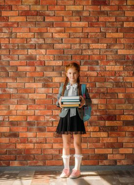 Schoolbag ile Sevimli kız öğrenci ders kitapları, arka plan üzerinde tuğla duvar yığını tutar. Sırt çantası ile kız öğrenci okulda pozlar