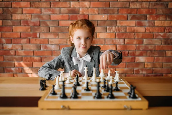 Clever Schoolgirl Chess Player Table Young Girl Chessboard Female Kid — Stock Photo, Image