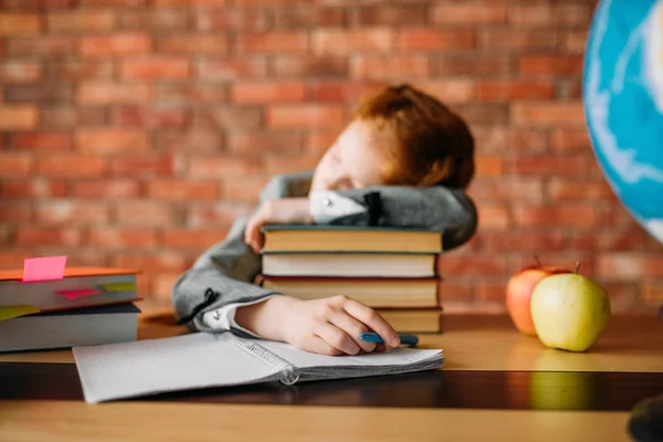 Tired Female Pupil Asleep Stack Textbooks Table Opened Notebook Schoolgirl — Stock Photo, Image