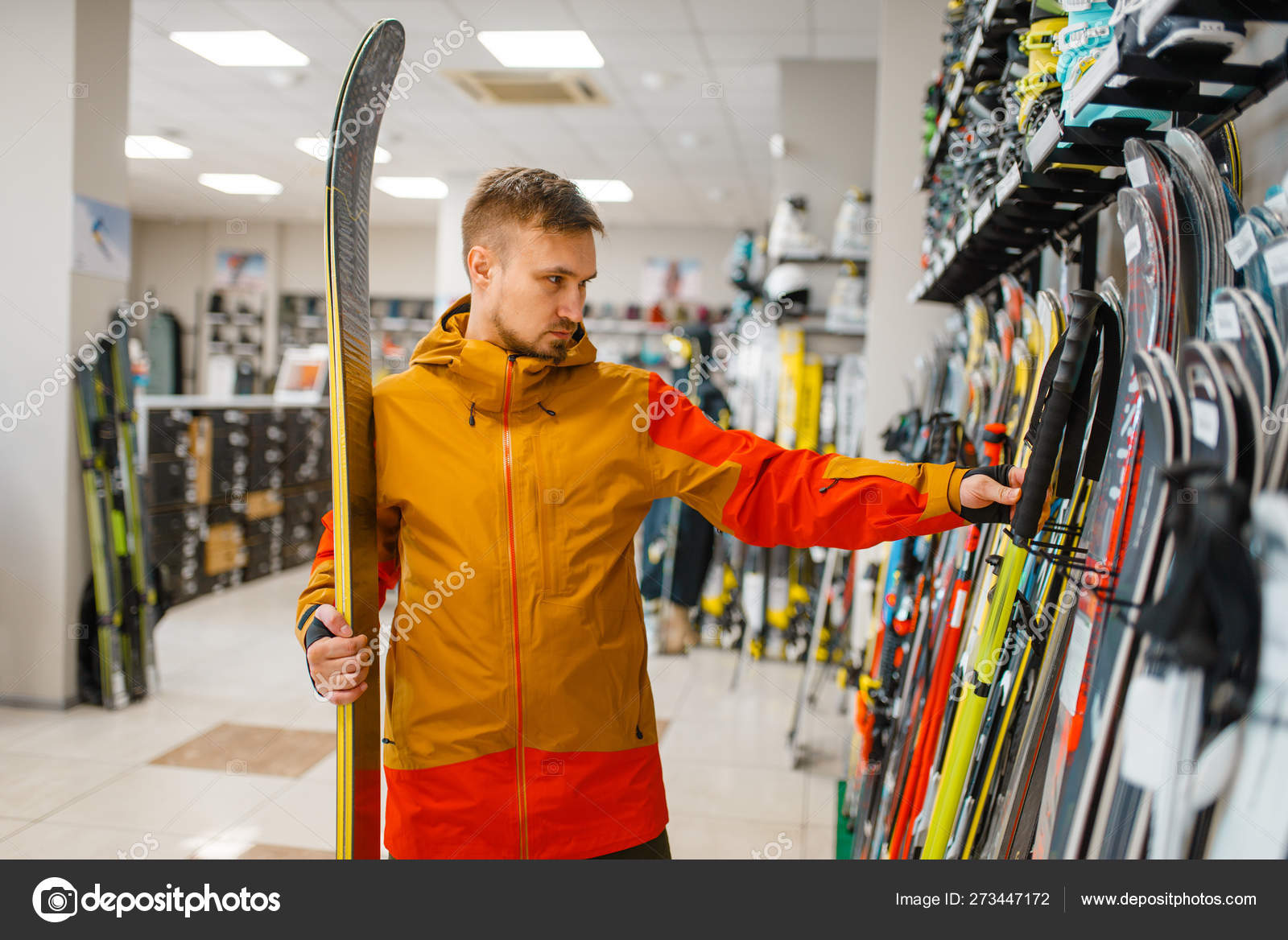 Man Showcase Choosing Downhill Ski Shopping Sports Shop Winter Season