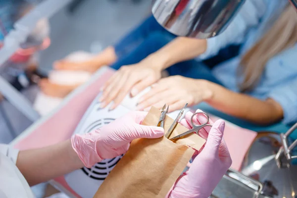 Cosmetology Salon Manicure Nails Polishing Procedure Hands Care Treatment Female — Stock Photo, Image