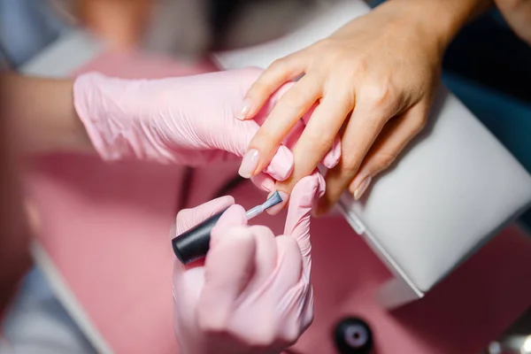 美容サロン マニキュア ワニスの適用手順 美容院の女性クライアントのためのハンズケア治療 美容師の女性 爪で働くマスター — ストック写真