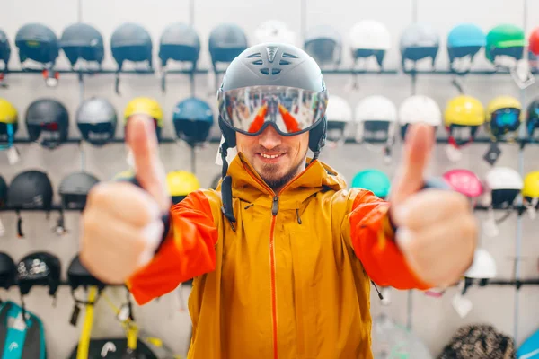 Man Helmet Ski Snowboarding Shows Thumbs Side View Sports Shop — Stock Photo, Image