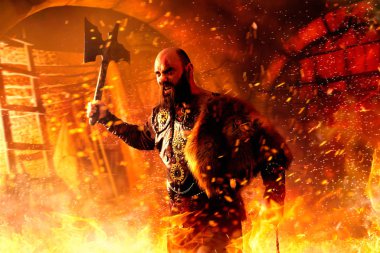 Angry viking with axe dressed in traditional nordic clothes fighting in fire, battle in castle. Scandinavian ancient warrior clipart