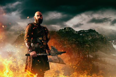 Angry viking with axe dressed in traditional nordic clothes standing in fire, battle in rocky mountains. Scandinavian ancient warrior clipart