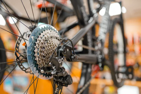 Dağ Bisikleti Vites Değiştirme Sistemi Ile Arka Tekerlek Spor Mağazası — Stok fotoğraf
