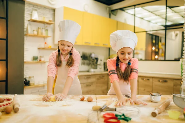 Two Little Girls Chefs Crumple Dough Cookies Preparation Kitchen Funny — Stock Photo, Image