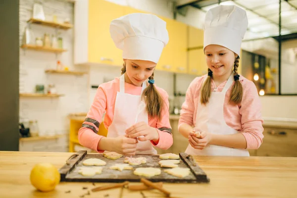 Duas Meninas Cozinheiras Preparando Para Enviar Biscoitos Forno Preparação Padaria — Fotografia de Stock