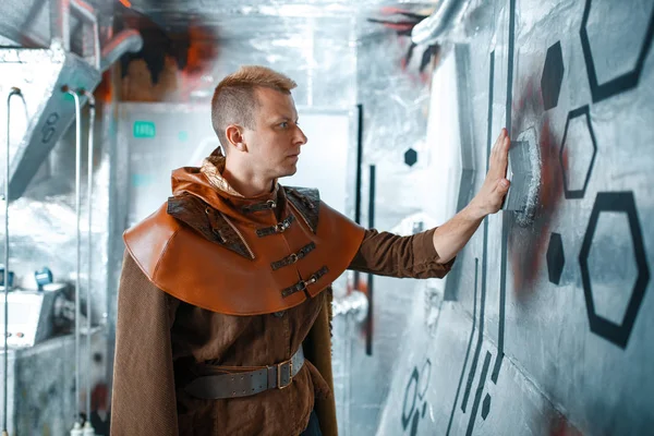 Space Scientist Holds Wires Control Panel Spacecraft Foil Walls Fantasy — Stock Photo, Image