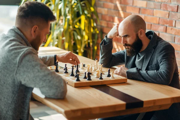 Male Chess Players Playing Board Move Black Elephant Two Chessplayers — Stock Photo, Image