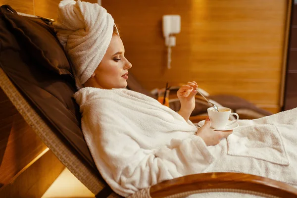 Sexy Girl Bathrobe Towel Head Relaxing Cup Coffee Spa Chair — Stock Photo, Image