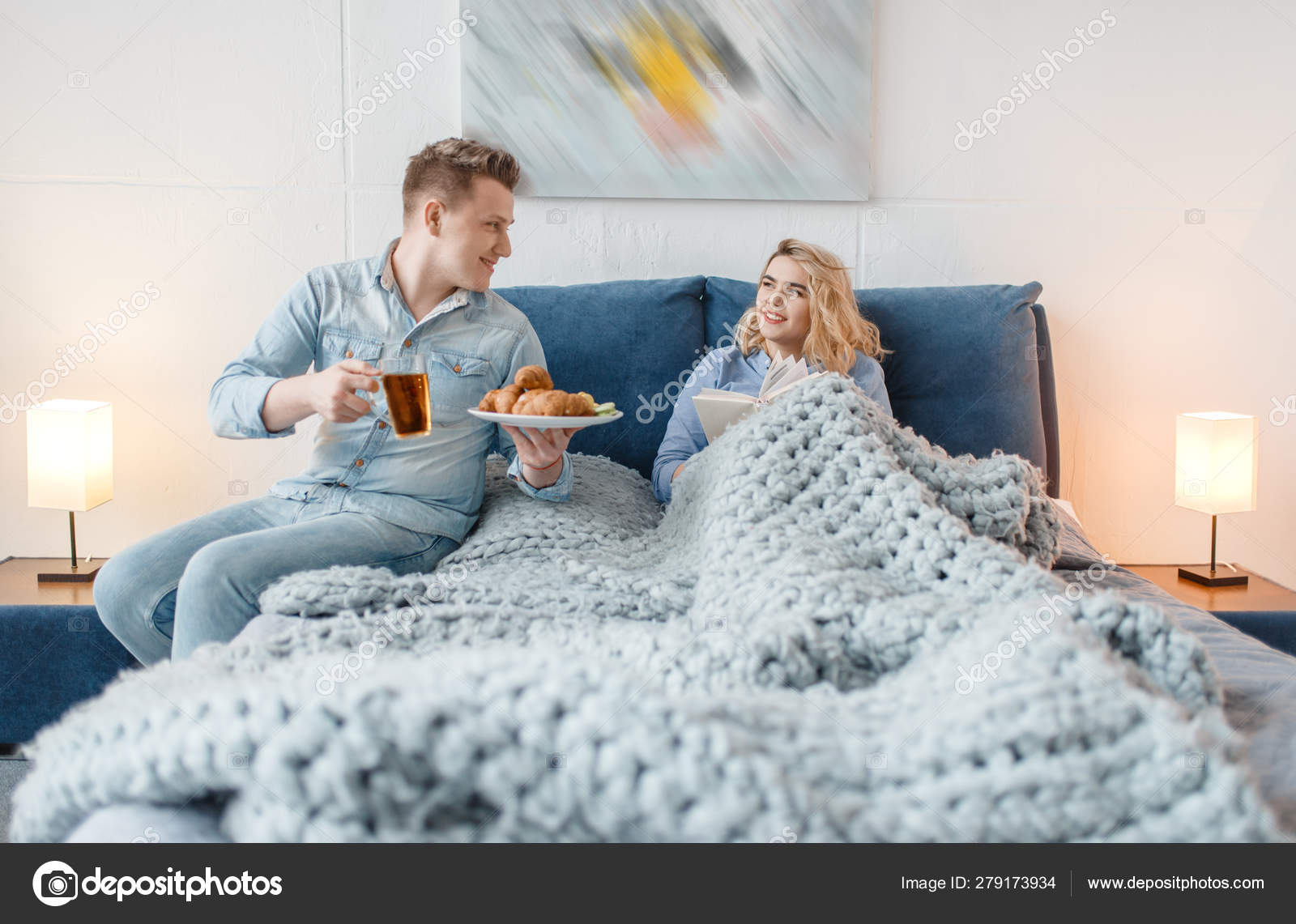 Love Couple Having Romantic Breakfast Bed Croissants Cookies Man ...