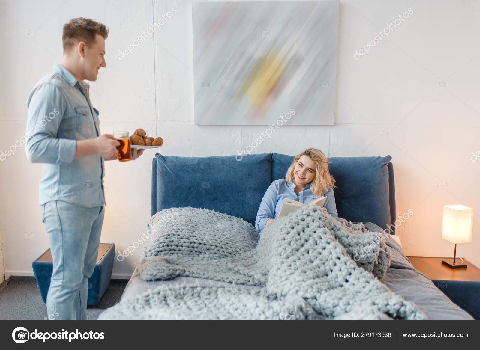 Love Couple Having Romantic Breakfast Bed Croissants Cookies