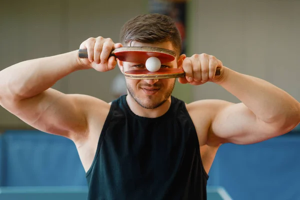 Man Holds Rackets Ping Pong Ball His Face Workout Indoors — Stock Photo, Image